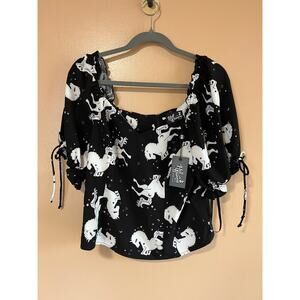 Hell Bunny L Black White Unicorn Print Puff Sleeve Blouse NWT Gothic Fairycore